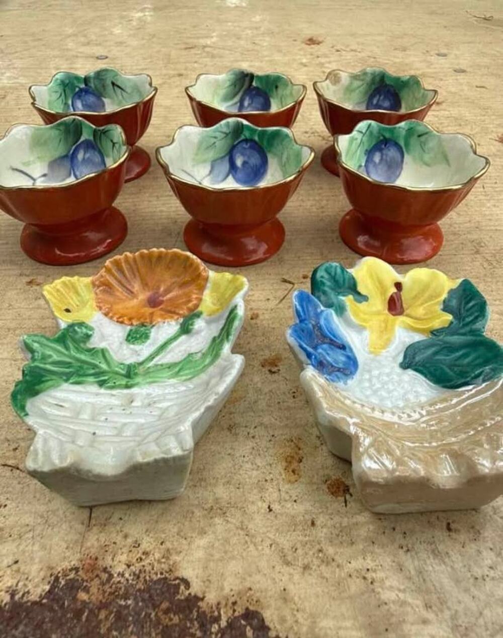 Hand Painted Japanese Salt Cellars And Pair Of Floral Basket Spoon Rests